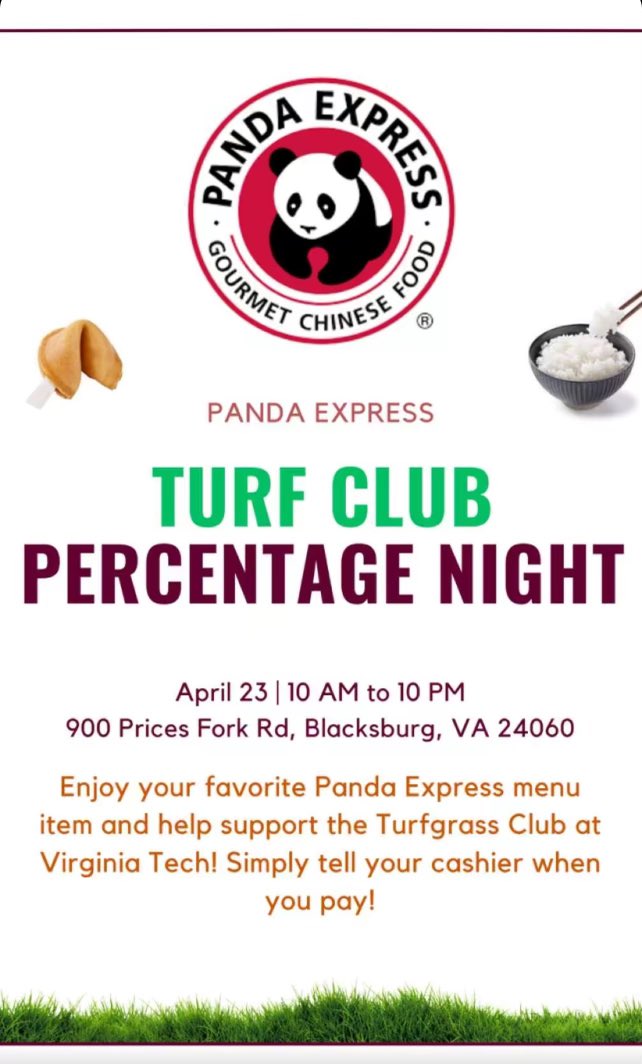 The Turfgrass Club at Virginia Tech is hosting a percentage night here in Blacksburg, Va at our local Panda Express this Tuesday. We appreciate our industry’s continued support of our Turfgrass Club! We hope to you there!
