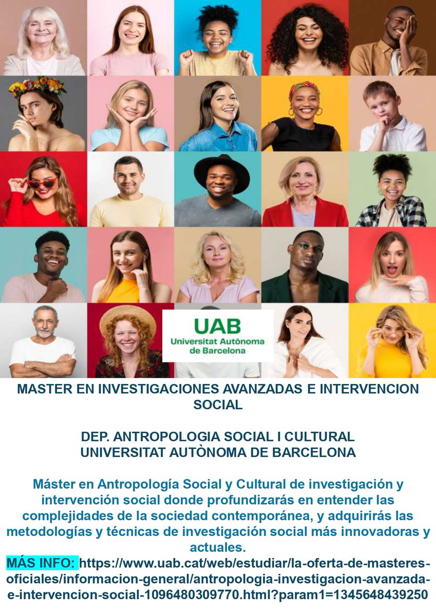 AntropologiaUAB's tweet image. ¡¡Abierta la admisión al Master Oficial en Antropología: Investigación Avanzada e Intervención Social!!

Más info:
uab.cat/web/estudiar/l…
