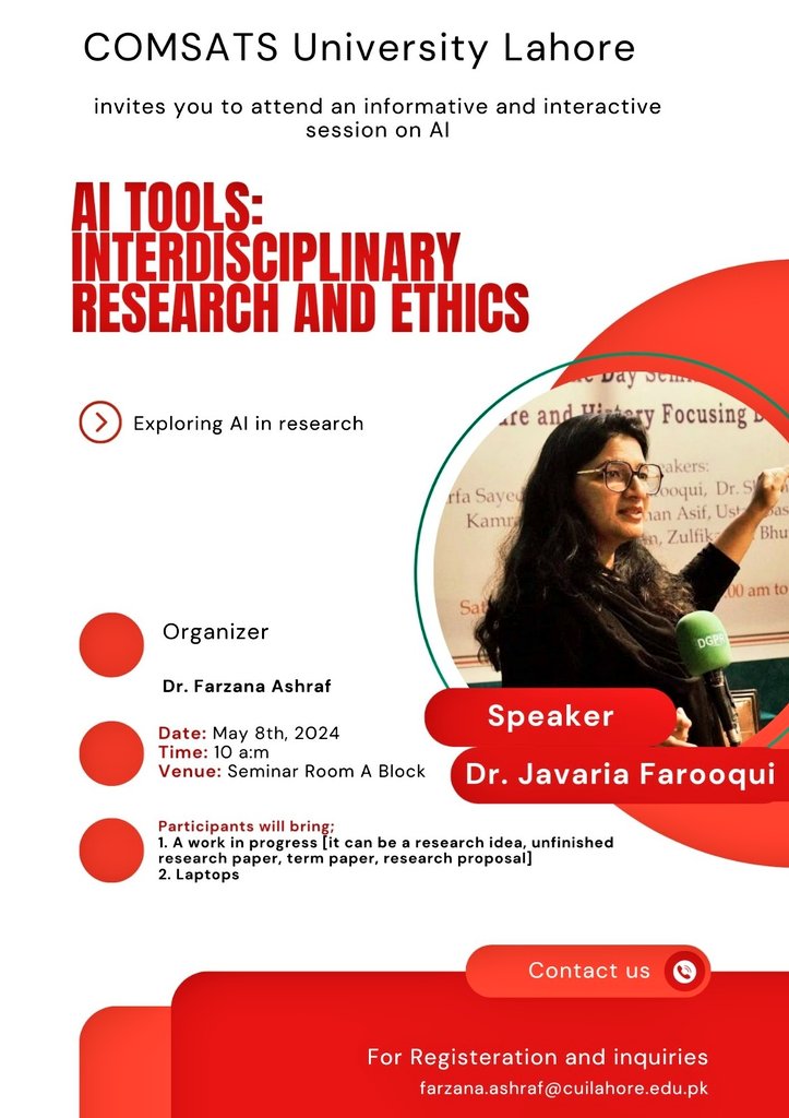 I will be conducting a workshop on AI tools, ethical considerations, and research at the lovely CUI Lahore campus. For registration and queries, please email Dr Farzana Ashraf [farzana.ashraf@cuilahore.edu.pk] #workshop #research #academicWriting #Lahore