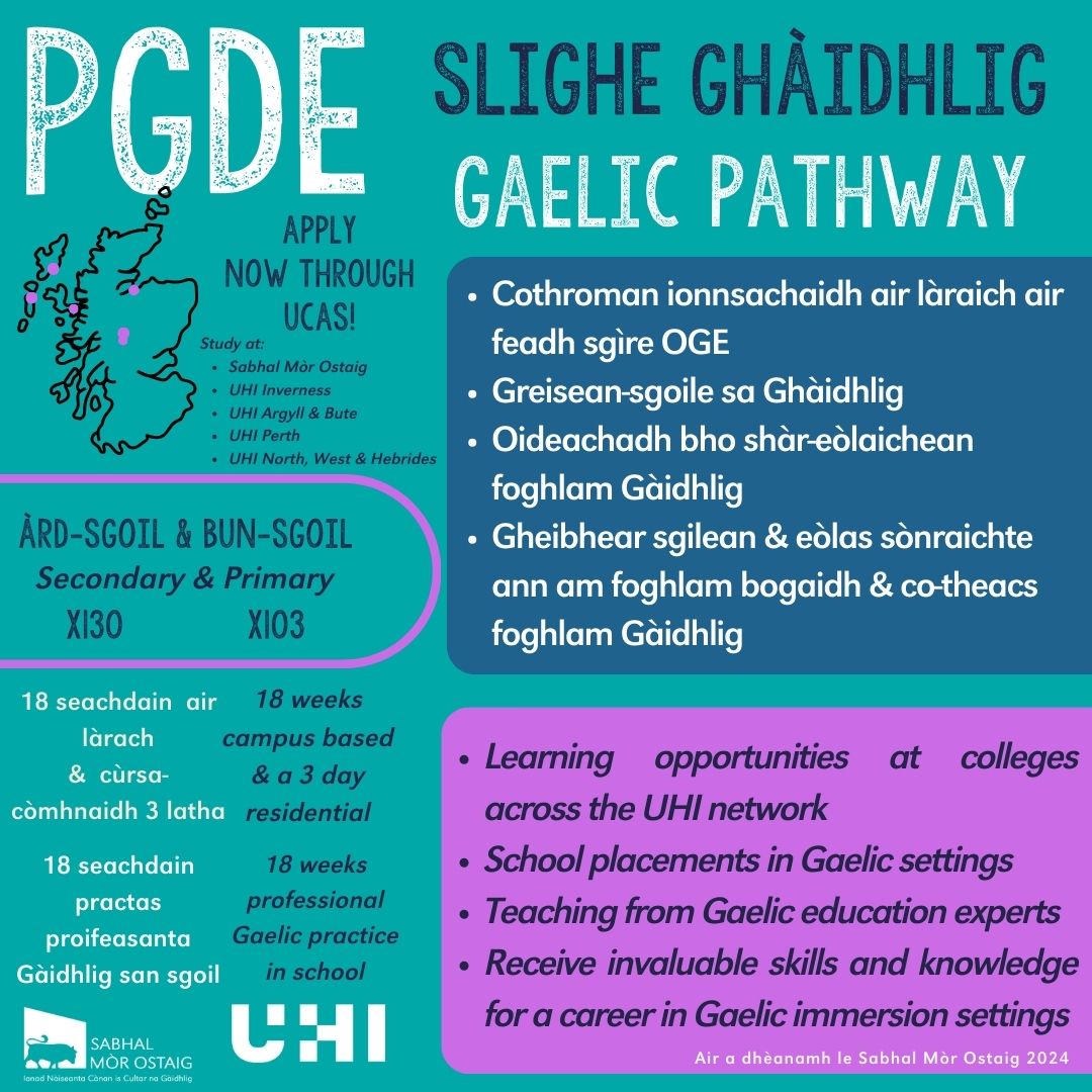 An robh fhios agad thèid agad air ar PGDE Slighe Ghàidhlig a dhèanamh aig iomadh làrach, @sabhalmorostaig nam measg?

Tha sinn fhathast fosgailte do thagraidhean - nach cur sibh fios le ceistean!

#foghlamGàidhlig #foghlam #Gàidhlig #Gaelic #GaelicEducation