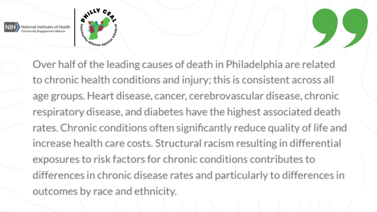 According to a Philadelphia Department of Public Health report, over half of the leading causes of death in Philly are related to chronic health conditions such as heart disease, obesity, and diabetes.  

Resources to manage &amp; prevent chronic conditions ➡️ healthfederation.org/prevention-and…