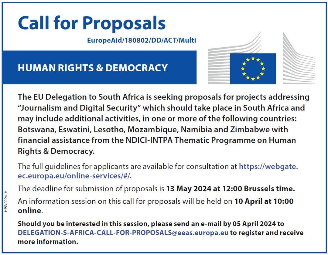 🌍 Opportunity Alert! 📢We 🇪🇺 are calling for Proposals focusing on 'Journalism and Digital Security' in South Africa. Proposals may also include activities in Botswana, Eswatini, Lesotho, Mozambique, Namibia, & Zimbabwe. More👉 t.ly/M-sIl Deadline 13 May 2024 12:00