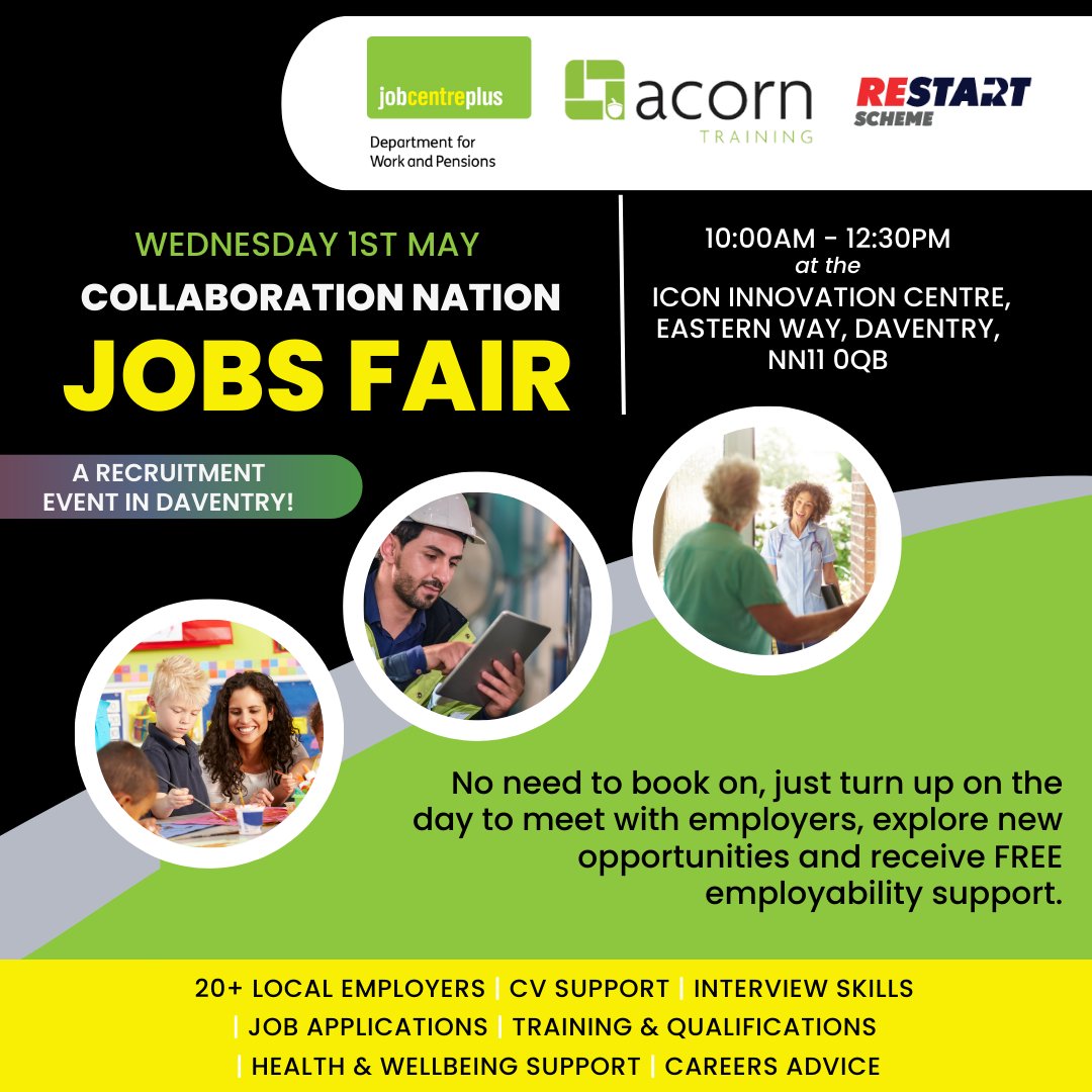 Join us at the Collaboration Nation Jobs Fair to explore exciting career opportunities! 🔍

📅 Wednesday 1st May
🕝 10AM - 12:30PM
📍 Icon Innovation Centre, Daventry, NN11 0QB

No need to book on; simply show up on the day. 

#JobsFair #Daventry #CareerOpportunities #Jobs
