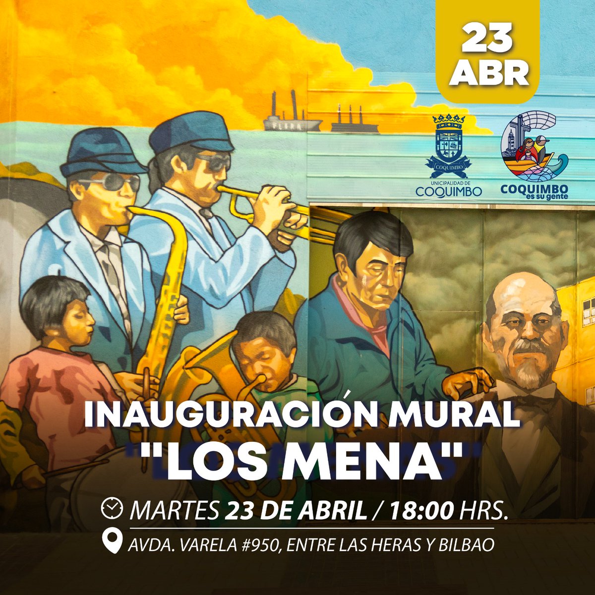 🤗🫰 Vecin@s l@s invitamos a participar de la inauguración de un mural instalado en el centro de #Coquimbo, que rendirá un homenaje a una de las agrupaciones musicales que forma parte fundamental de la historia de nuestra comuna: el Orfeón Municipal 'Los Mena'. 🎷🎺🎹