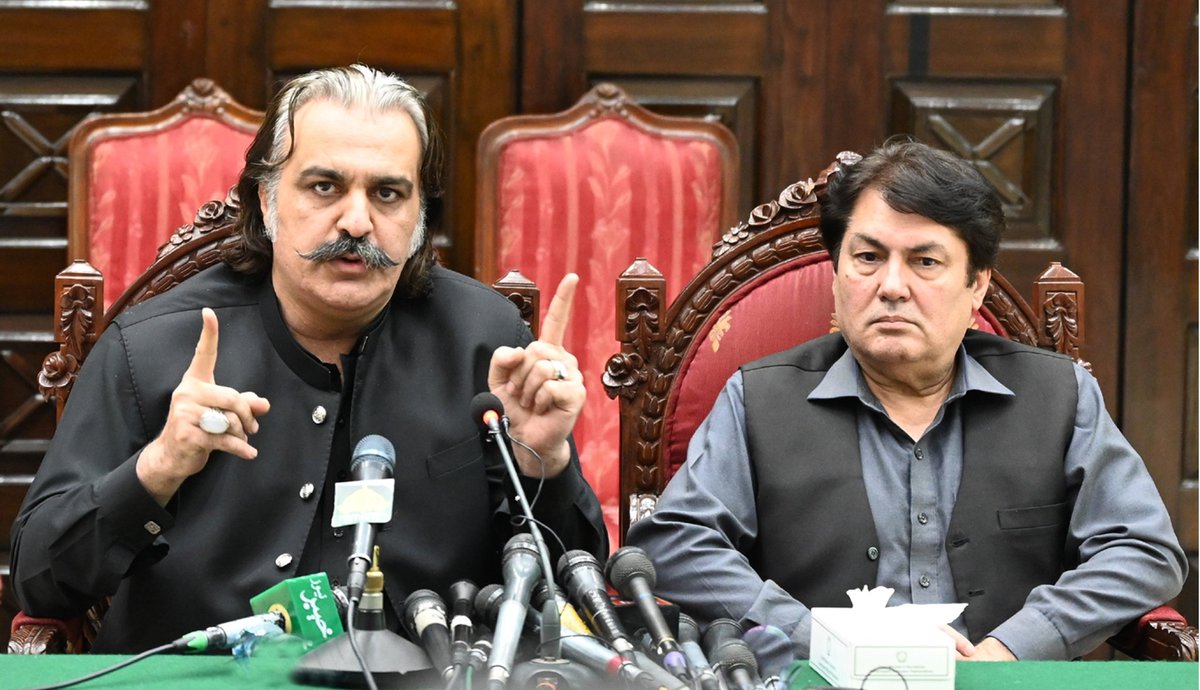 Chief Minister Khyber Pakhtunkhwa Sardar Ali Amin Gandapur addressing a Press Conference. Advisor to Chief Minister on Information Barrister Muhammad Ali Saif also present.