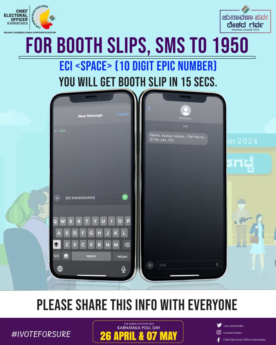 Ready to exercise your democratic right? Simply SMS ECI followed by your 10-digit EPIC number to 1950 and get your booth slip in 15 seconds! #Elections2024 #IVOTEFORSURE