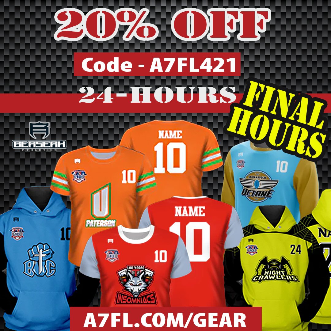 🔥 20% OFF Extended to Midnight Tonight! Support Your Team and Show-Out.➜ Use code - A7FL421 - NOW. A7FL.com/Gear @berserk_athletics - official uniform and fan gear partner of the A7FL