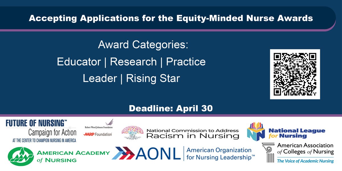 You can apply or nominate someone for the 2024 Equity-Minded Nurse Awards! They recognize #nurses who are helping lead the way to #HealthEquity through practice, education, research or leadership. Deadline 4/30/24.