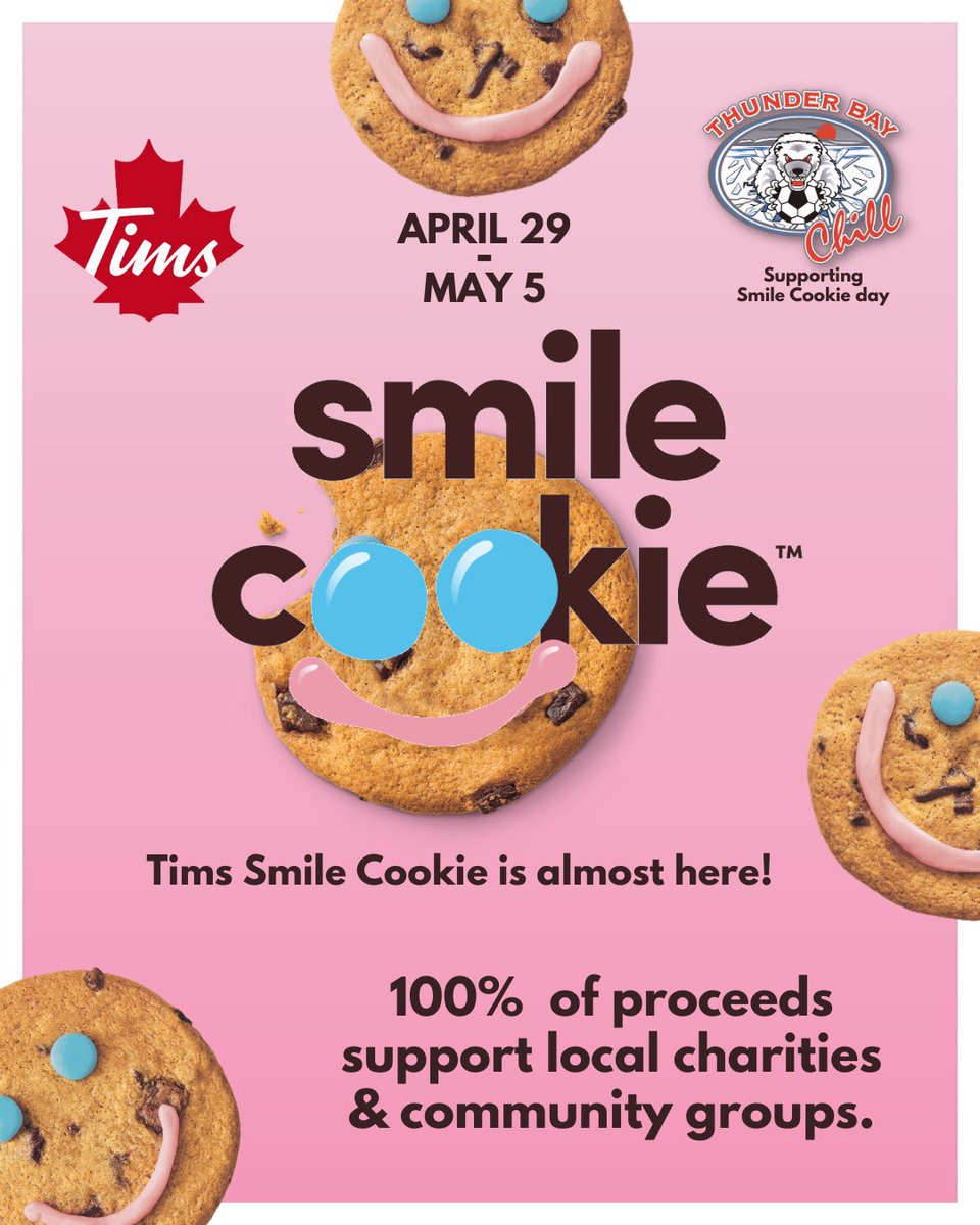 🍪 Tims Smile Cookie is almost here! Smile Cookie week is coming! Proud to live in a place that supports our community. Get your Smile Cookie starting April 29th and support your local charities & community groups. 🐻‍❄️ Thunder Bay Chill is proudly endorsing Smile Cookie Day!