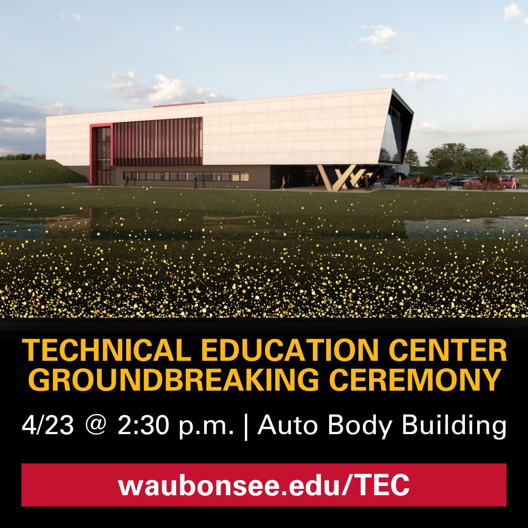 🎉 Celebrate the groundbreaking of #Waubonsee's new Technical Education Center! Meet us near the Sugar Grove Auto Body Building on 4/23 at 2:30 p.m. Enjoy light refreshments while you learn how the TEC will benefit students and the community. ℹ️ RSVP: brnw.ch/21wJ3wa
