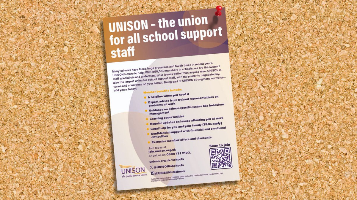 Our brand new poster encourages school support staff to join UNISON, the largest trade union in the UK. As one of the three NJC unions, UNISON has the power to negotiate pay and conditions on your behalf! shop.unison.site/product/2024-s…