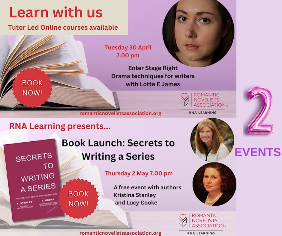 Exciting Events from the Romantic Novelists' Association Enter Stage Right - Drama Techniques For Writers with Lotte E James Tuesday 30 April 7pm Book Launch: Secrets To Writing A Series with Kristina Stanley and Lucy Cooke Thursday 2 May 7pm Book: eventbrite.co.uk/o/rna-learning…