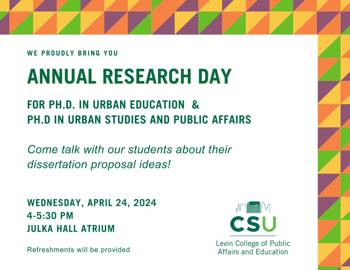 Make plans to be at Julka Hall this Wednesday, April 24th, for Annual Research Day!

#CLEstate @CLE_State #WeAreCLEstate @CSULevinCollege