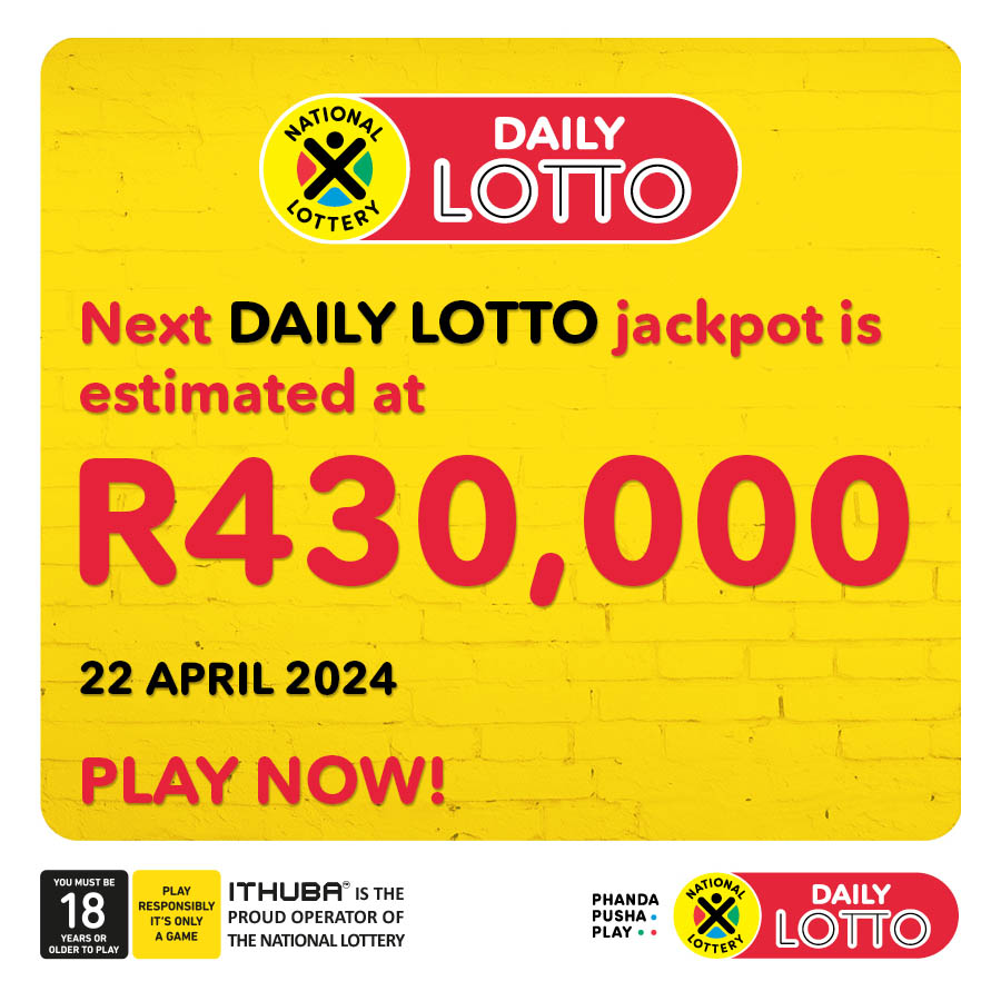 Will today be your lucky payday? Play #DAILYLOTTO for an estimated R430,000 jackpot to find out! Buy your tickets NOW in-store, on nationallottery.co.za, the Mobile App, cellphone banking or simply dial *120*7529# for USSD. Ticket sales close at 8.30pm on any given draw day.