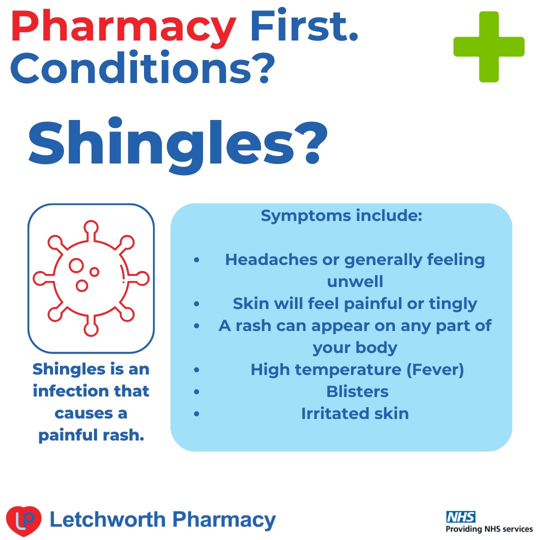 Pharmacy First is our latest FREE, NHS service. Learn more about shingles which is one of 7 conditions covered by the service. No need for a GP appointment: bit.ly/3w8OACG #Pharmacy #NHS #Community #communitypharmacy #Pharmacyfirst