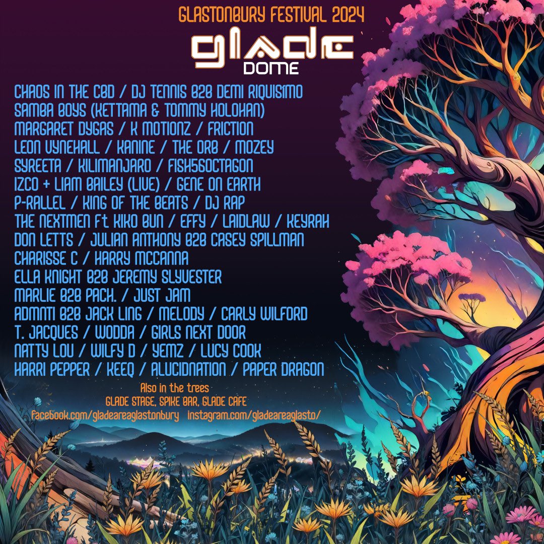 GladeAreaGlasto's tweet image. The Glade Stage lineup 2024 is here!
Join us at the Glade Main Stage and the Glade Dome under the swaying Poplar trees in June.

#gladearea #gladestage #gladedome #glastonbury2024