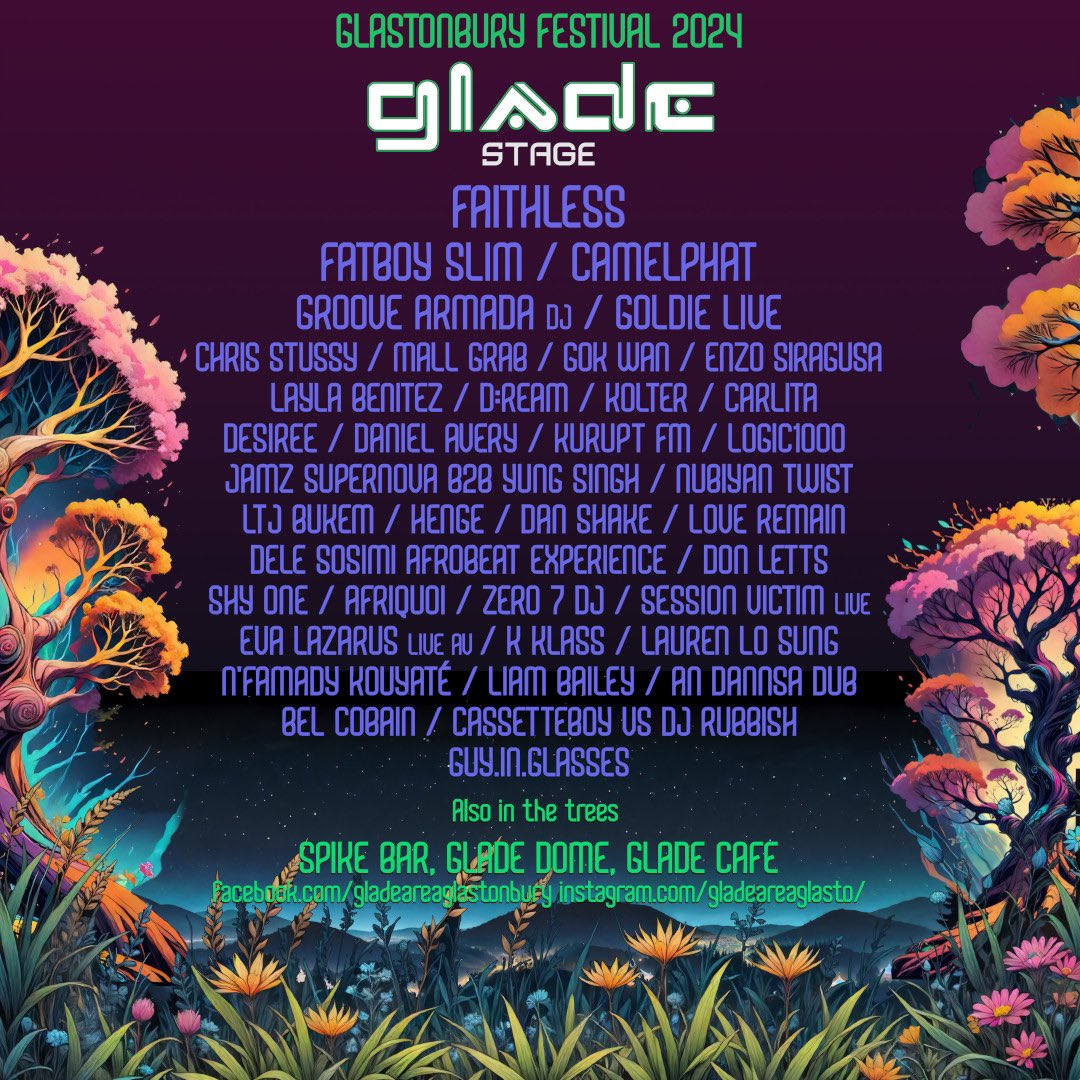 GladeAreaGlasto's tweet image. The Glade Stage lineup 2024 is here!
Join us at the Glade Main Stage and the Glade Dome under the swaying Poplar trees in June.

#gladearea #gladestage #gladedome #glastonbury2024