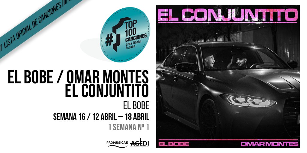 ¡Enhorabuena a #ElBobe y a @omarmontesSr por su NÚMERO 1 en la LISTA OFICIAL DE CANCIONES con su canción: “El Conjuntito” en la semana 16 (12 ABRIL – 18 ABRIL)! ¡Felicidades también a #ElBobe!