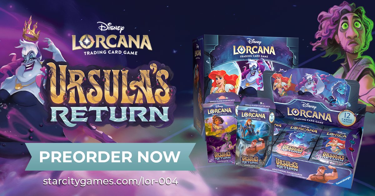 Take your stand against the villainous sea witch in Disney Lorcana’s newest chapter: Ursula’s Return! 🔮🌊 #Disney #Lorcana #UrsulasReturn Preorder your sealed products now! ☟ hubs.li/Q02tCWF90