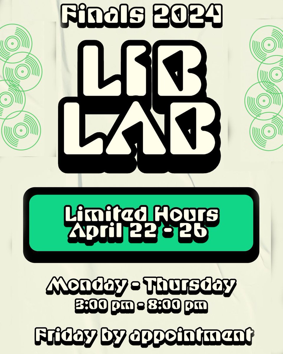 Need to use the LibLab during finals week? 💻💡 Finals week hours are 3-8 p.m. April 22-25 and April 26 by appointment to use VR headsets, computer workstations with Adobe Creative Cloud apps, cameras, and other tools available for media creation and digital humanities projects.