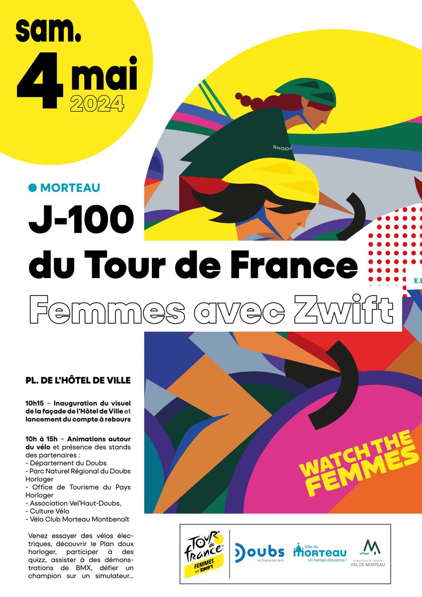 Le samedi 4 mai marquera le J – 100 du départ du <a href="/LeTourFemmes/">Le Tour de France Femmes avec Zwift</a> dont l'arrivée de la 6ème étape aura lieu à Morteau le 16 août !
 
+ d'infos sur la journée du 4 mai :  morteau.org/j-100-du-tour-…
#TDFF2024 #1tourdavancemorteaudoubs