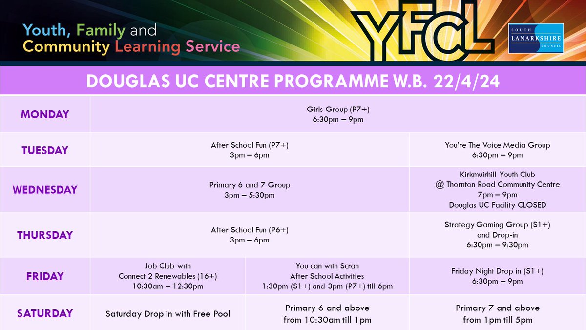 Here is our programme for this week. 
We are open on Saturday this week as well so come on down.
#itsSLC #becauseofCLD