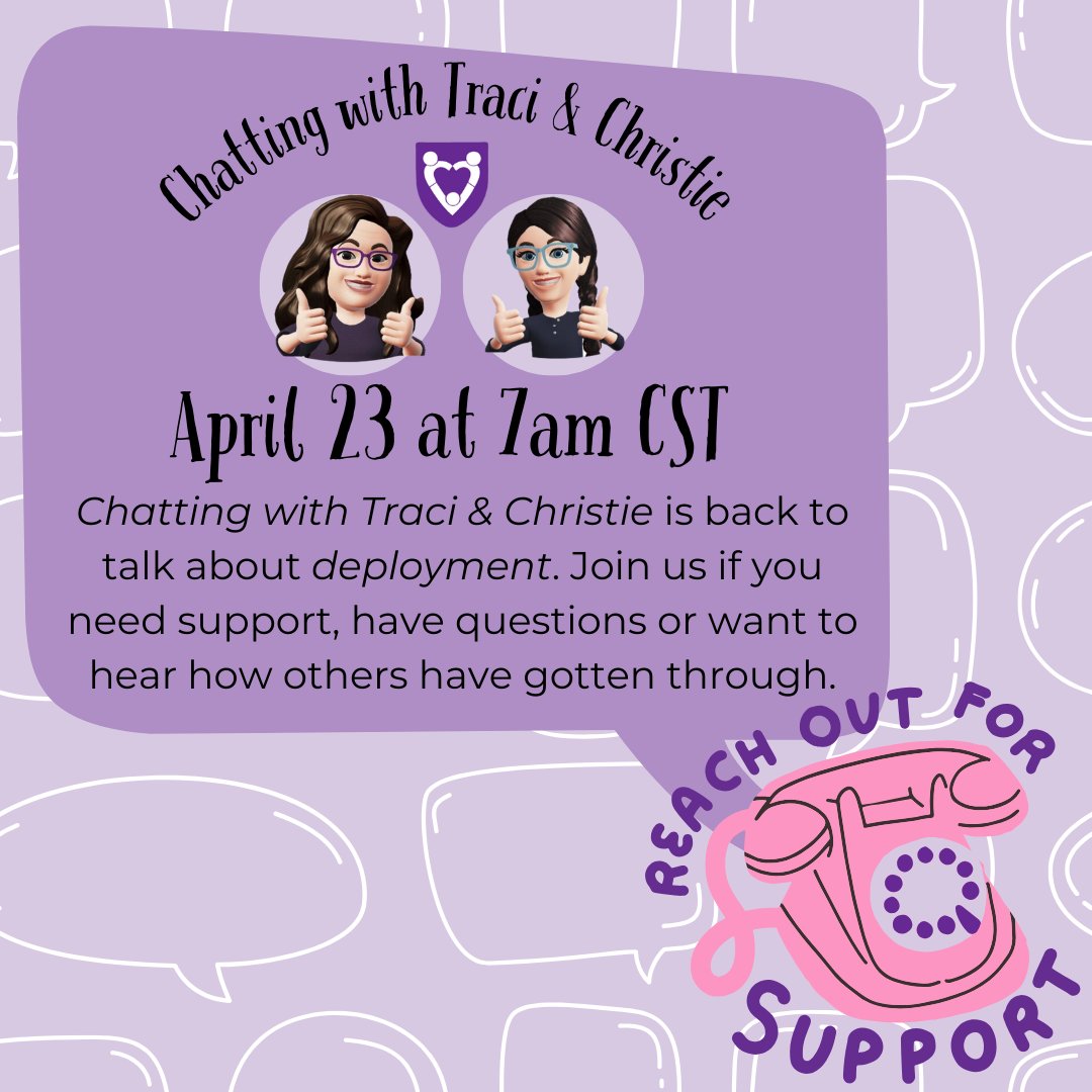 Chatting with Traci & Christie will be back TOMORROW April 23rd to talk about deployments! This free, live chat is open to all military spouses and can be accessed from the HUB. Join us in the HUB → militaryspouseadvocacynetwork.org/mentorship-hub #MilitaryLife #Military #MSANHUB #MilitarySpouse