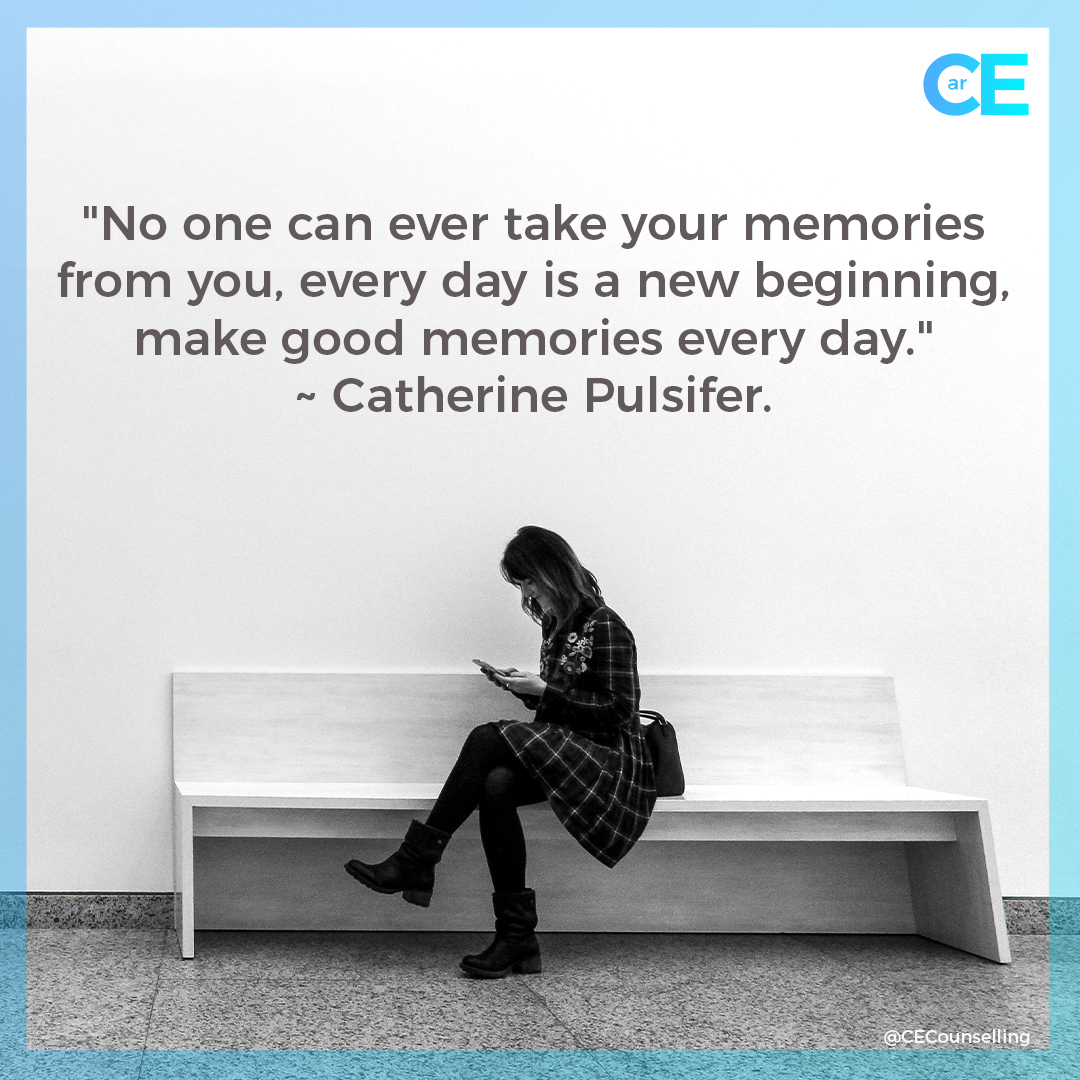 No one can ever take your memories from you, every day is a new beginning, make good memories every day. ~ Catherine Pulsifer. ❤️❤️ #Counsellor #anxiety #depression #Alzheimers #Dementia #Carers #TherapistsConnect #support #Grief #Selfcare #love #mentalhealth
