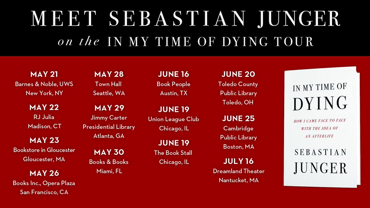I look forward to discussing 'In My Time of Dying' with you all at these events. More info on my website: sebastianjunger.com/in-my-time-of-… Please also contact the host venues with any questions. Thank you and hope to see you soon.