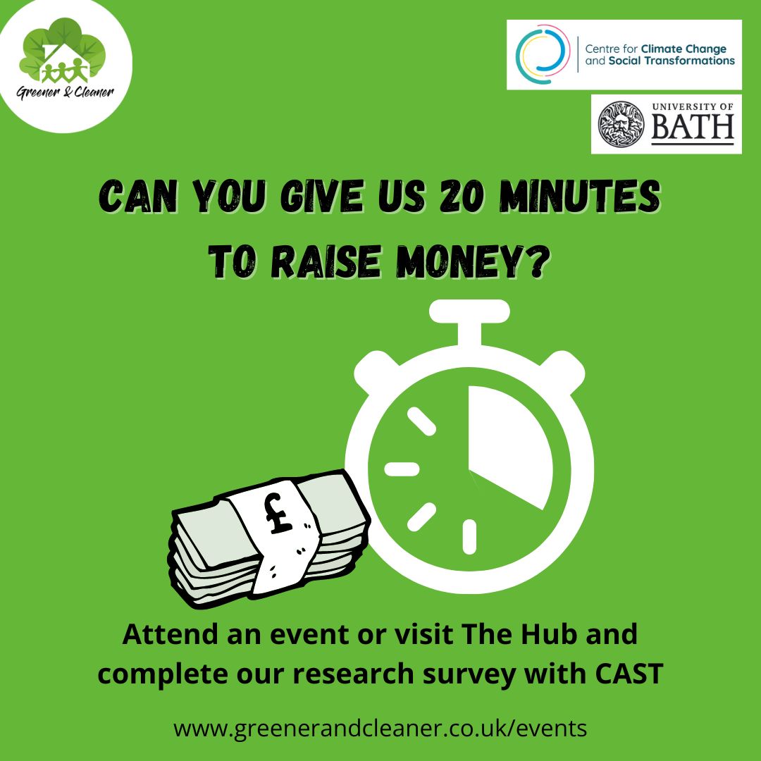 Can you give us 20 mins to raise money? It is #EarthDay after all! Attend an event or visit The Hub, and complete our survey. Part of 3-month research project with Centre for Climate Change and Social Transformation (CAST) proving our impact & helping us apply for funding
