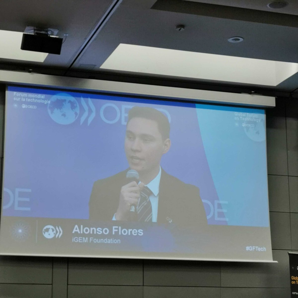 iGEMCommunity's tweet photo. Alonso Flores shares iGEM's efforts to enable and promote safe and responsible synthetic biology research in the panel on "Anticipatory Governance and Responsible Innovation" with Fanny E, Sophie Peresson, Eefje Cuppen and Isabel Webb at the OECD Global Forum on Technology https://t.co/C9HwmdICJP