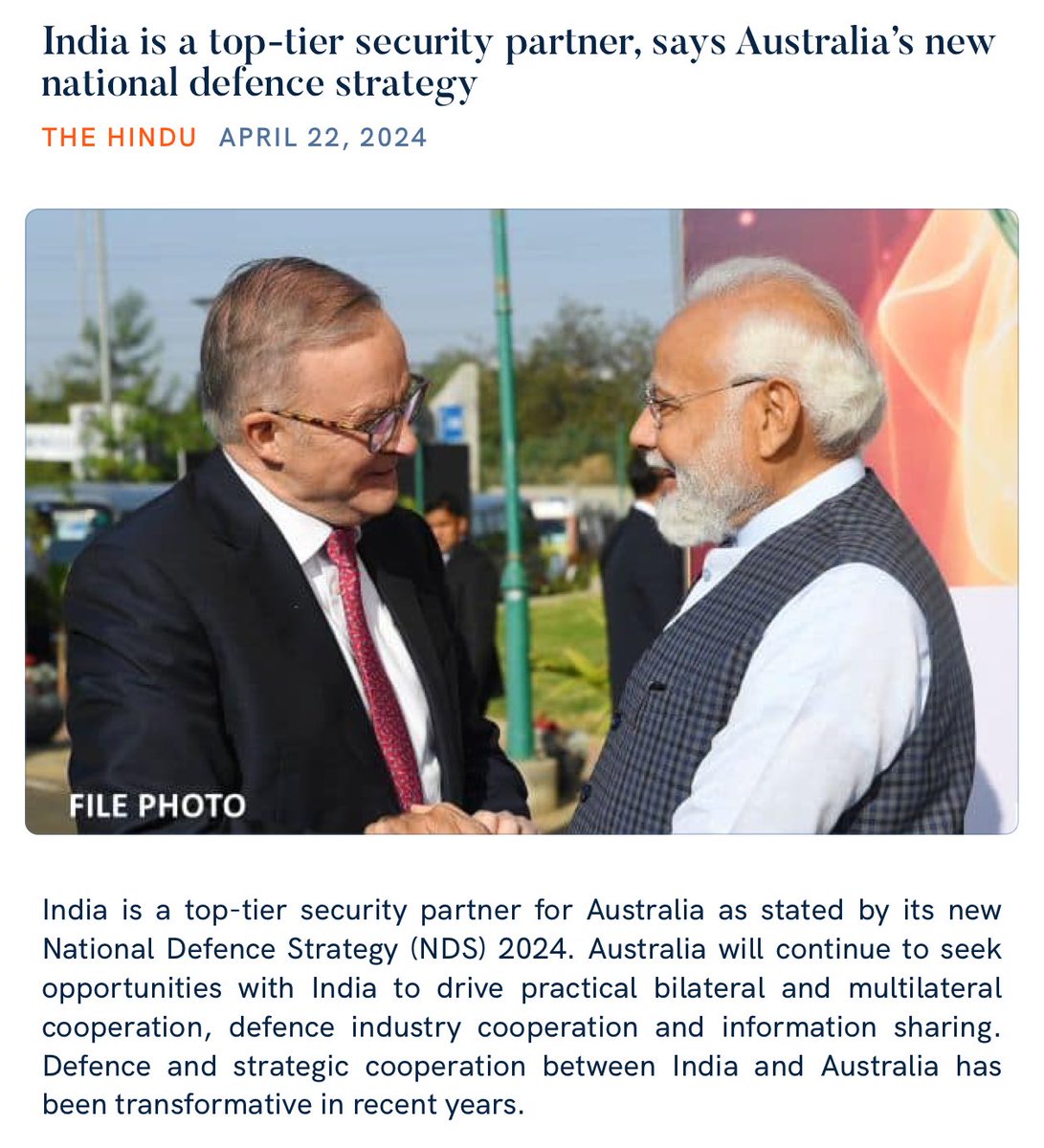 India is a top-tier security partner, says Australia’s new national defence strategy thehindu.com/news/national/… via NaMo App