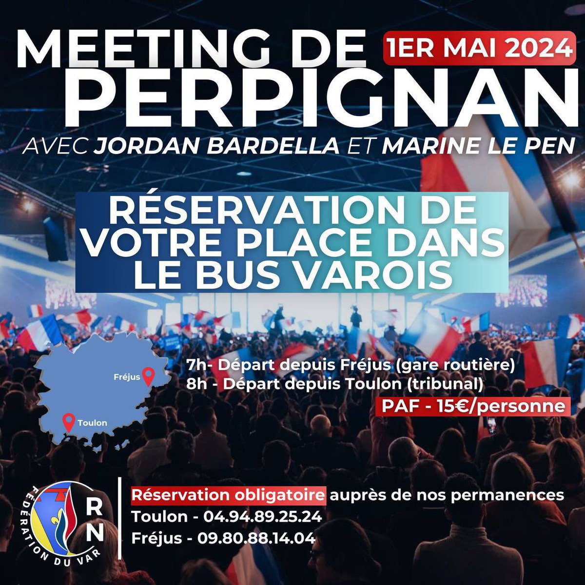 🔔 1er mai. Perpignan. 14h. Meeting de @J_Bardella et @MLP_officiel 🇫🇷 🚌 Le @RNVar_officiel met à votre disposition un bus pour Perpignan ! Inscrivez-vous vite pour ne pas louper le point d’orgue de cette campagne #européennes2024 🙌🏻🇫🇷