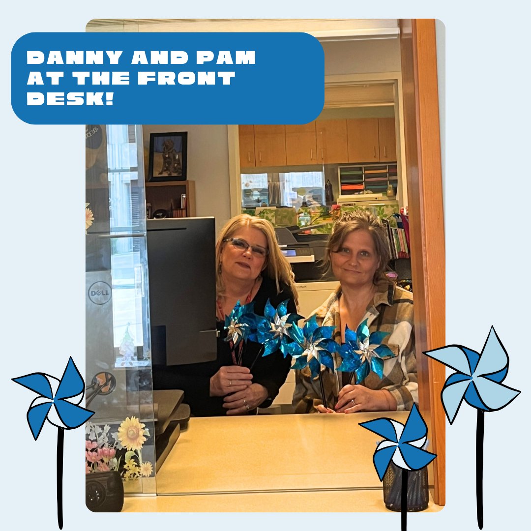 Danny and Pam at the front desk are proudly supporting Child Abuse Prevention Month! 💙 Did you know that a simple pinwheel in your garden can make a big difference? Show your support and spread awareness with us!#PreventionIsKey #EndChildAbuse 💙🌀