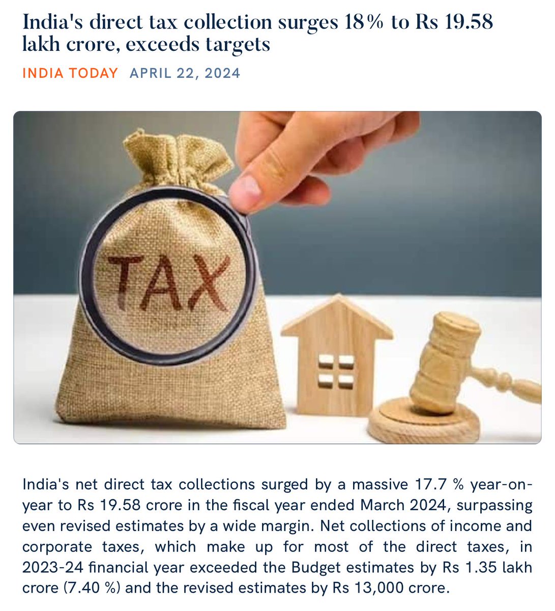 India's direct tax collection surges 18% to Rs 19.58 lakh crore, exceeds targets indiatoday.in/business/story… via NaMo App