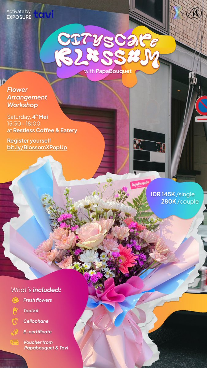 🌺[EXPOP UP: FLOWER ARRANGEMENT WORKSHOP]🌺

Come and join us craft your own personal, vibrant bouquet!💐
🗓: Saturday, 4th May 2024
⏰: 15:30-18:00
📍: Restless Coffee & Eatery
maps.app.goo.gl/c4nhDFVkCjWuzD…
💰: IDR 145K/single
IDR 280K/couple

Register ⬇️
bit.ly/BlossomXPopUp