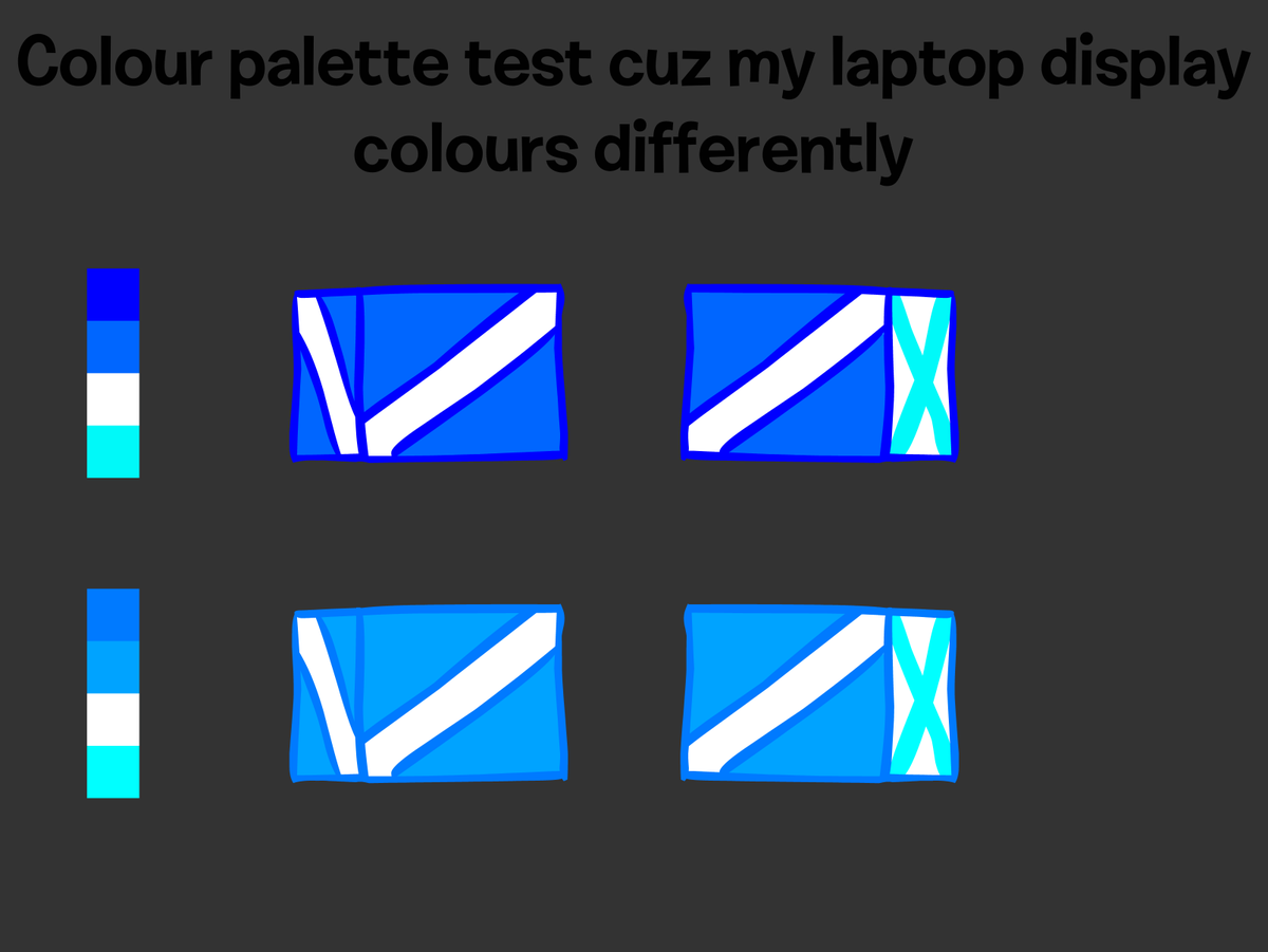 V_Blocky's tweet photo. Colour palettes for V Blocky test.
For Adobe Animate, gotta make sure VB looked good when converted from Swivel and is seen by different devices https://t.co/Ts0yJMeTkN