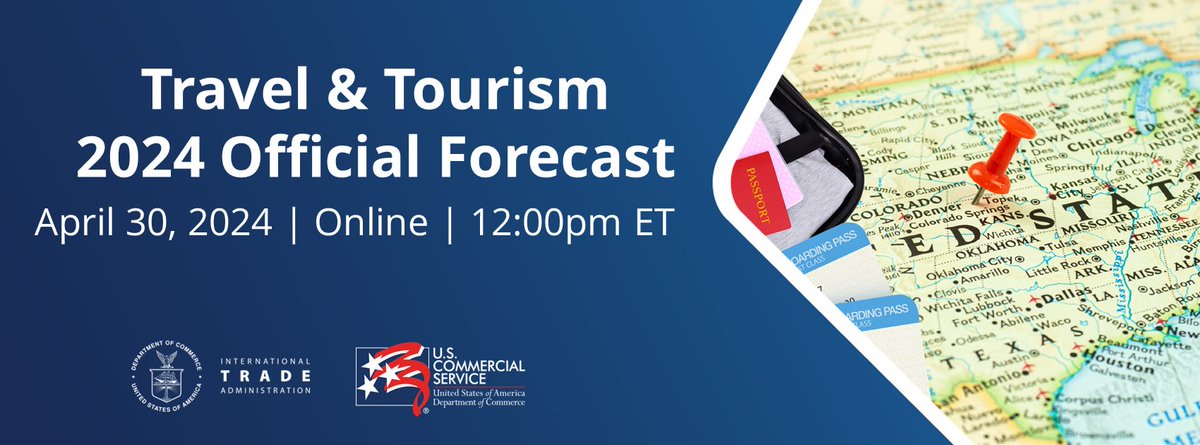 Join the National Travel and Tourism Office on April 30th for the Travel &amp; Tourism 2024 Official Forecast. Learn about the expected forecast of international travelers for 2024-2025 and beyond! events.trade.gov/en/TradeGov/Tr…