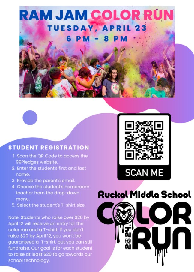 Don't forget our Color Run is tomorrow. It's not too late to sign up! Don't be left out!