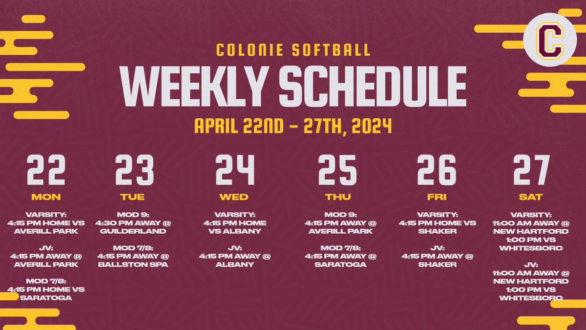 SoftballColonie's tweet photo. A very busy week of 🥎! Let’s hope the weather stays good and we have a couple Ws in here💯💪🏻 #GoColonie https://t.co/Cw7VfjZCHj