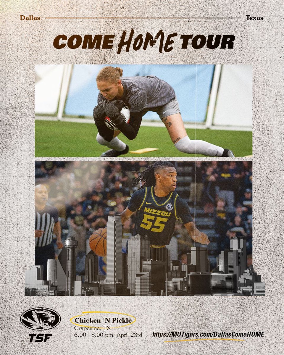 "Dallas, get ready to show your Mizzou pride! The Come Home Tour is heading your way, bringing a taste of Tiger spirit to the Lone Star State. Let's make Dallas feel like a second home for our Tigers! tee #ComeHomeTour"
