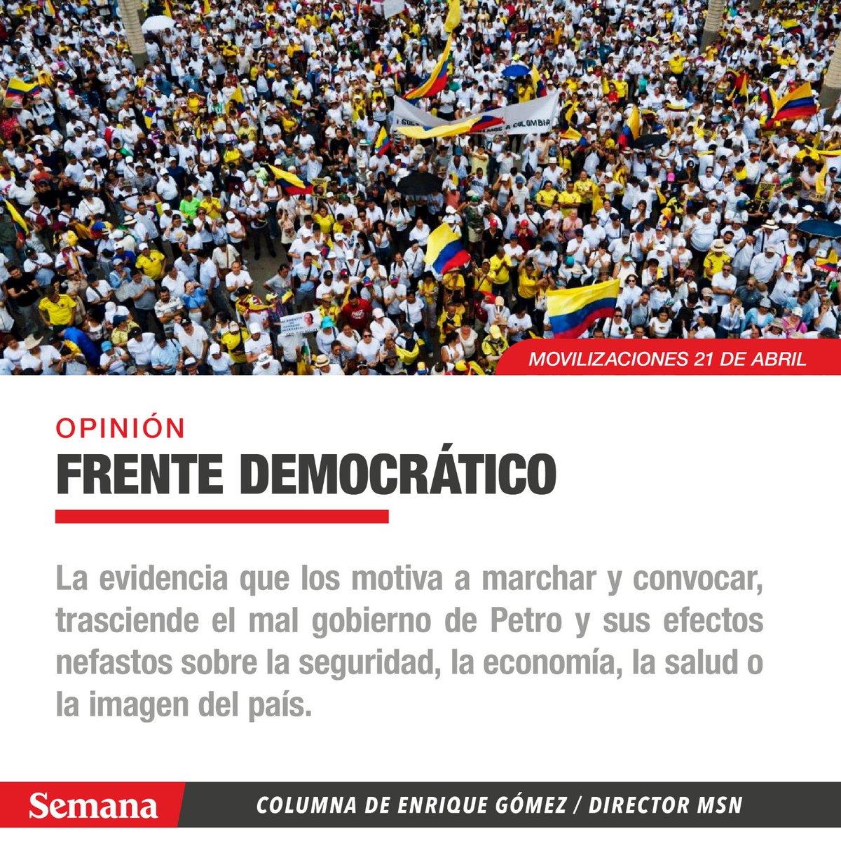 Hoy lo que los motiva a marchar, así la posibilidad de una unión de acción política sea aún remota, es la percepción cierta e incuestionable de la deriva autocrática del gobierno. semana.com/opinion/articu…