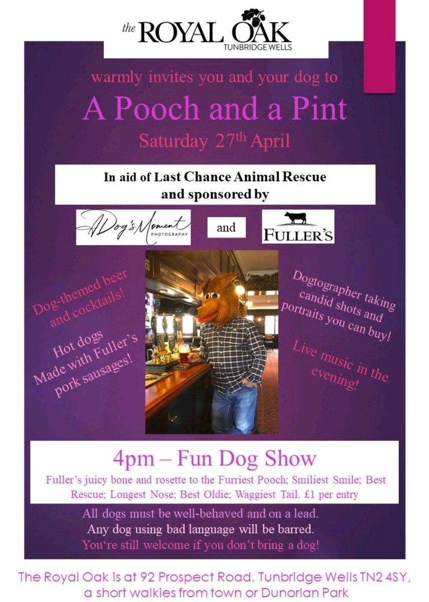 Coming to the Royal Oak, Saturday 27th April 2024, from 4pm. Don't forget to register your dogs on arrival for the Show.
