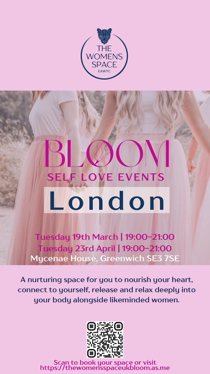 The Women's Space returns tomo Tues 23rd April 7-9pm for their Bloom #SelfLove Event A nurturing space to nourish your heart, connect to yourself, release & relax deeply into your body alongside likeminded women. For info visit thewomensspaceukbloom.as.me #Blackheath #Greenwich