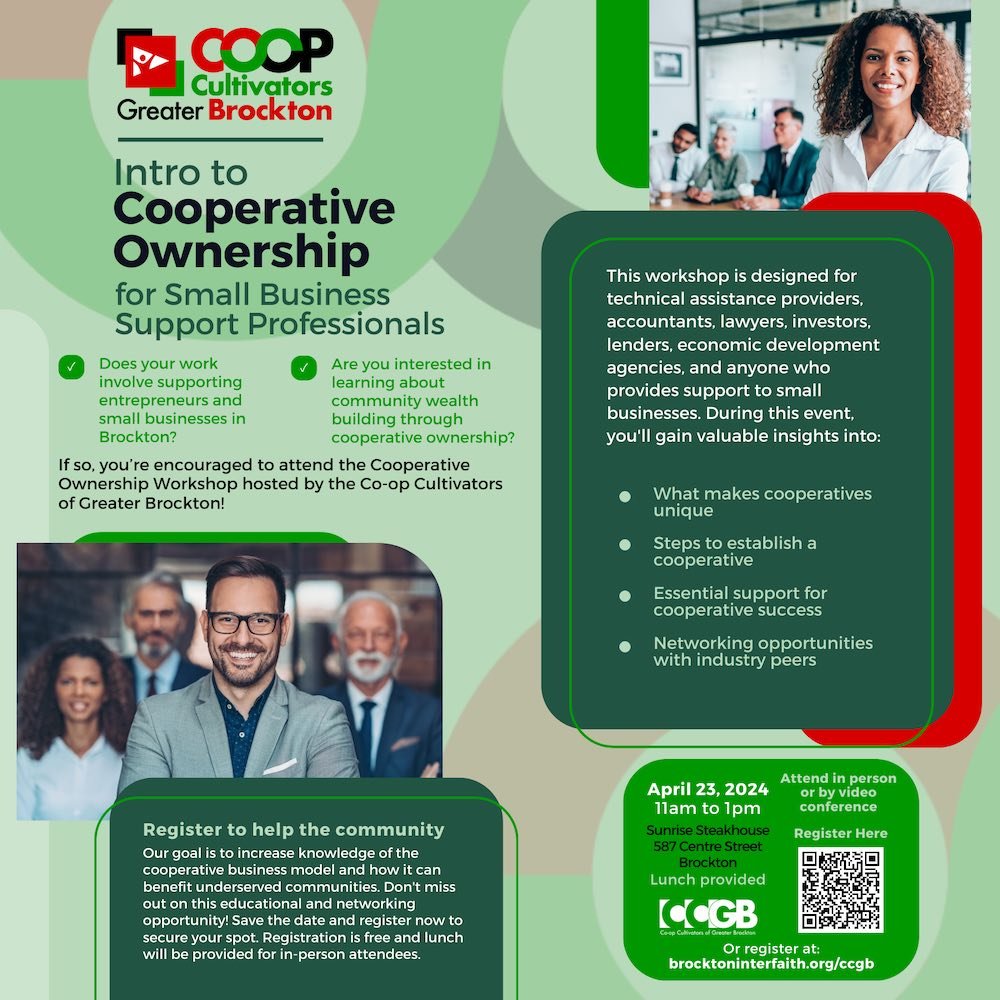 Attend the Cooperative Ownership Workshop hosted by the Co-op Cultivators of Greater Brockton! It’s happening on April 23, 2024, at the Sunrise Steakhouse, 11AM to 1PM. Click the link to register. hubs.li/Q02tmdsc0