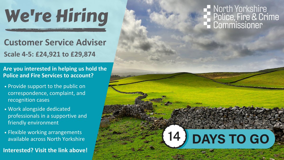 #VACANCY Customer Service Adviser’s Closes: Monday 6th May 2024 @ 09:00am We have an exciting opportunity for 2 x Customer Service Adviser’s to join The Office of the Police, Fire and Crime Commissioner (OPFCC) Complaints and Recognition Team. northyorkshirepolice.engageats.co.uk/Vacancies/W/38…