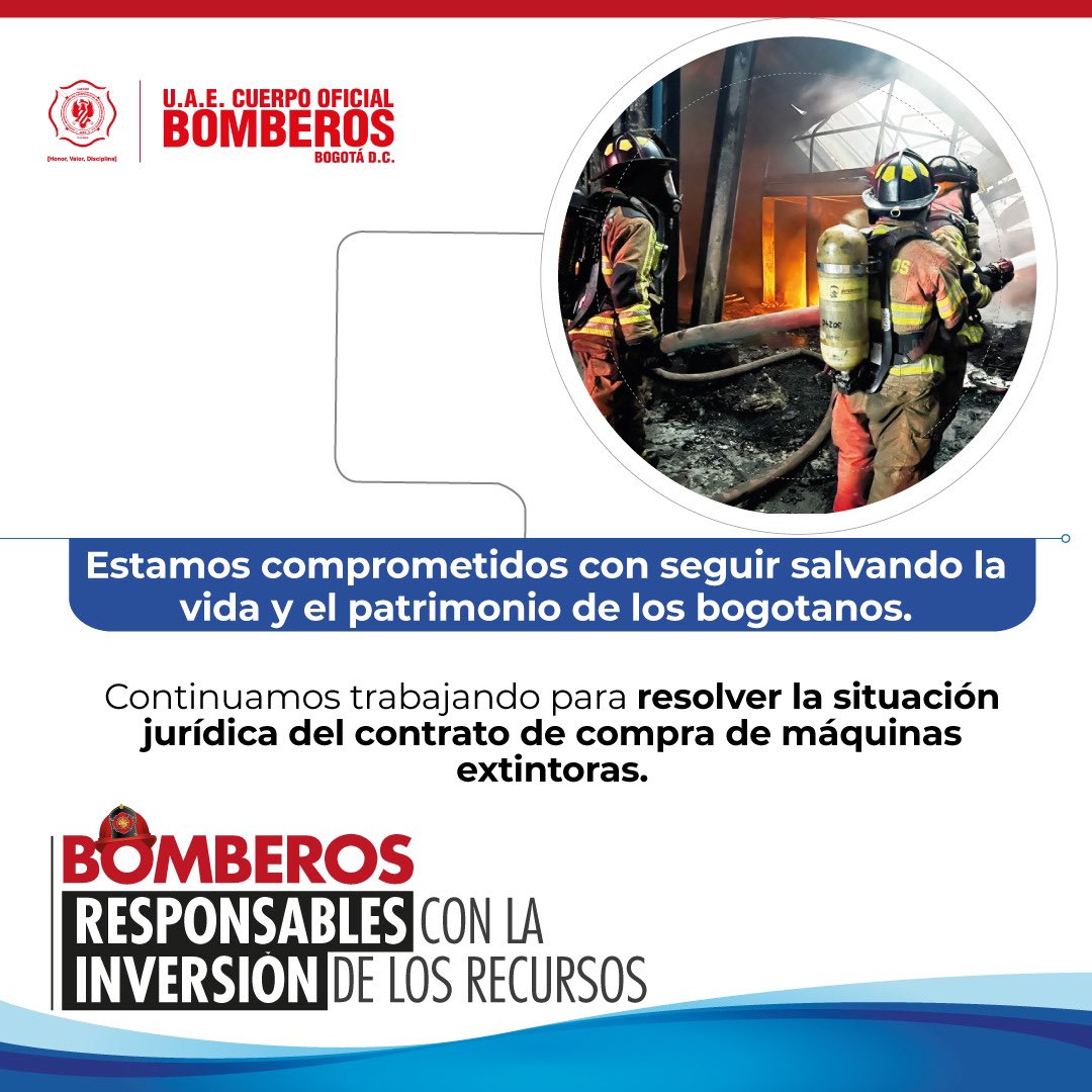 @BomberosBogota El contrato de adquisición de máquinas extintoras ha tenido suspensiones por una inhabilidad sobreviniente en uno de los integrantes de la Unión Temporal. Pero nuestro trabajo por ejecutar satisfactoriamente la inversión, continúa para contar con los vehículos.