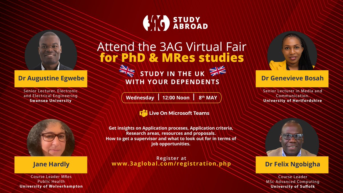 Join the 3AG Virtual Fair for PhD & MRes Studies.
on the 8th of May 2024 | 12 noon
Hosted on Microsoft Teams.

Register:
cutt.ly/lw4h9JAb

#studyabroad #studyabroad2024 #studyintheuk #virtualfair #travelwithdepenents #MondayMotivation #OpportunityKnocks #UKEducation