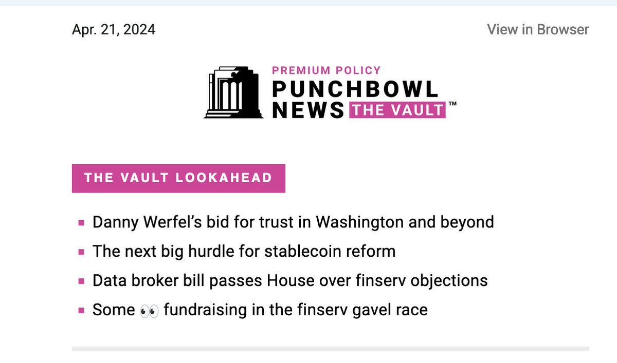 This weekend's Sunday Vault was a real good one. ICYMI: - @LauraEWeiss16 has a GREAT profile of the IRS commissioner and how he's leading one of DC's toughest charm offensives - I look at the next big legislative hurdle for stablecoin reform - a 👀 fundraiser for Huizenga