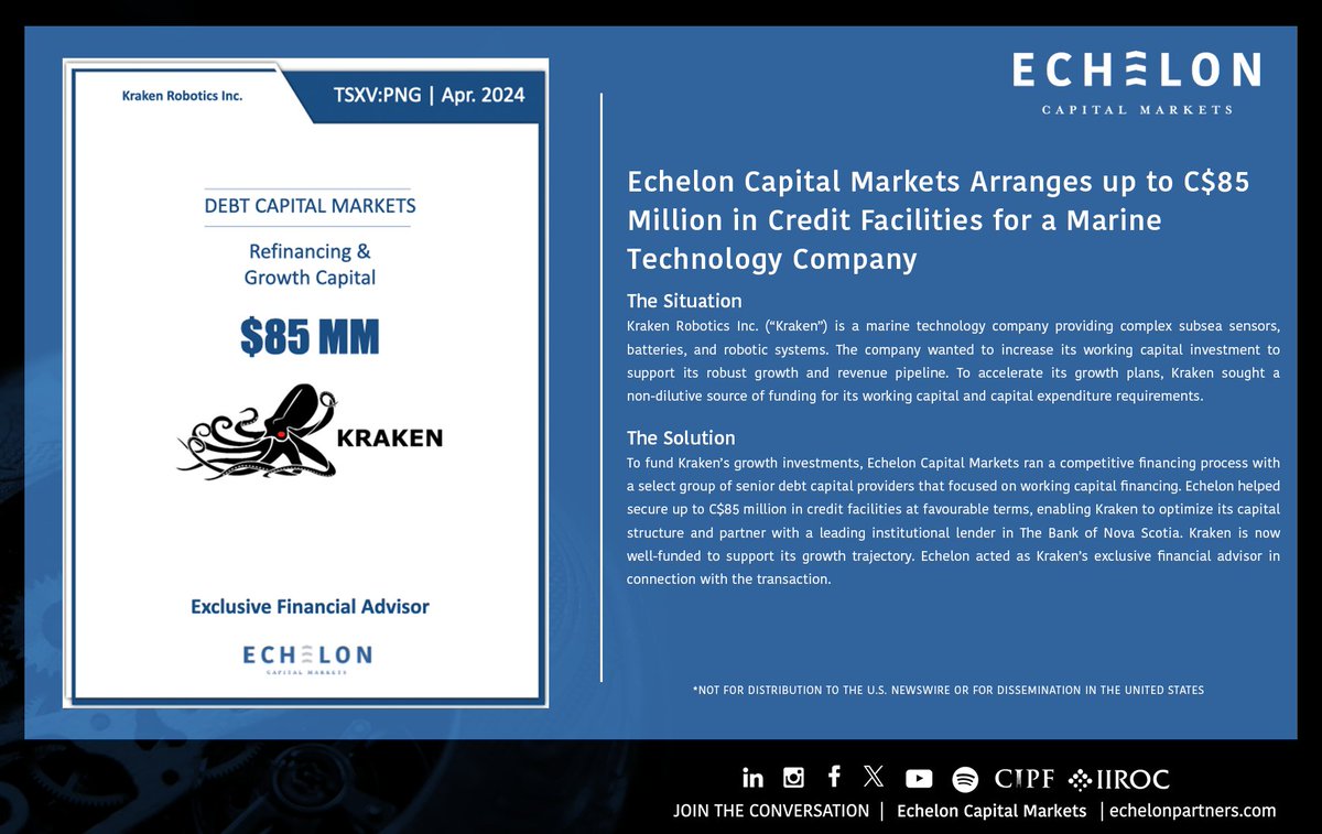 Echelon Capital Markets Arranges up to C$85 million in Credit Facilities for a Marine Technology Company. @KrakenRobotics
#MarineTechnology #CapitalMarkets #CapitalInvestment